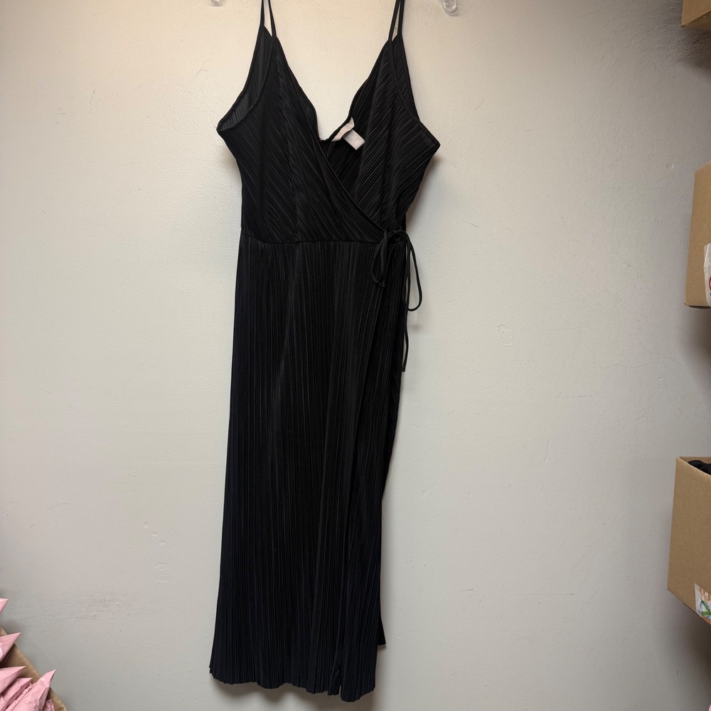 H&M Midi Dress Women Large Black Excellent Pleated Wrap V-Neck Spaghetti‎ Strap